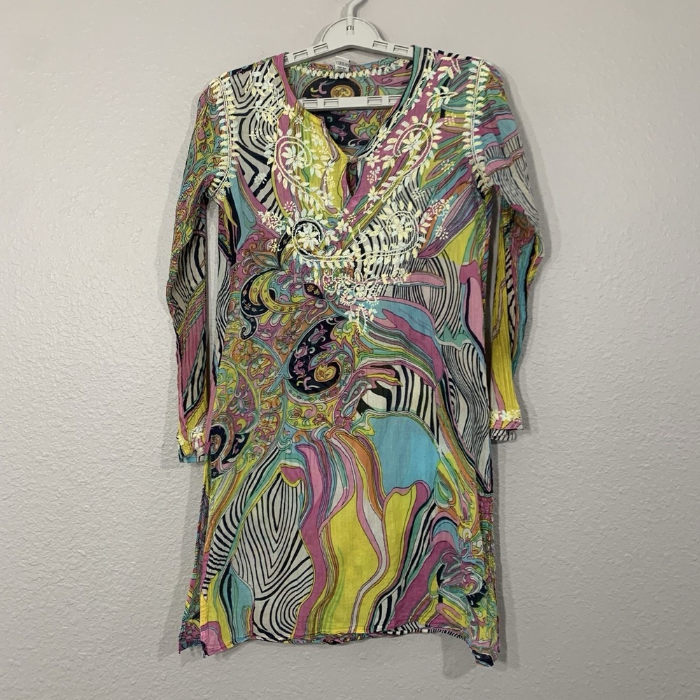 RAJ Embroidered Cotton Tunic Dress Size‎ Small Swim Cover Up Multicolor Groovy